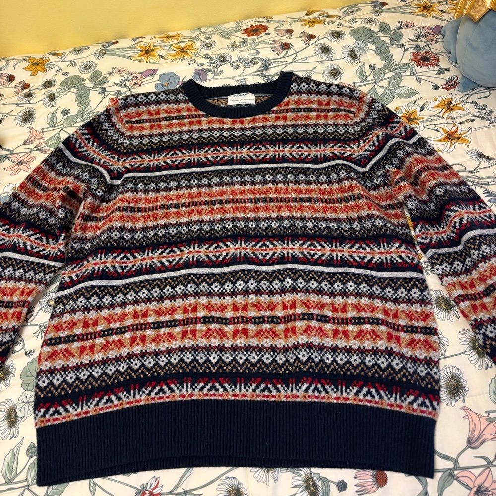 Men's Old Navy Patterned Crewneck Sweater - Navy, Red, Cream